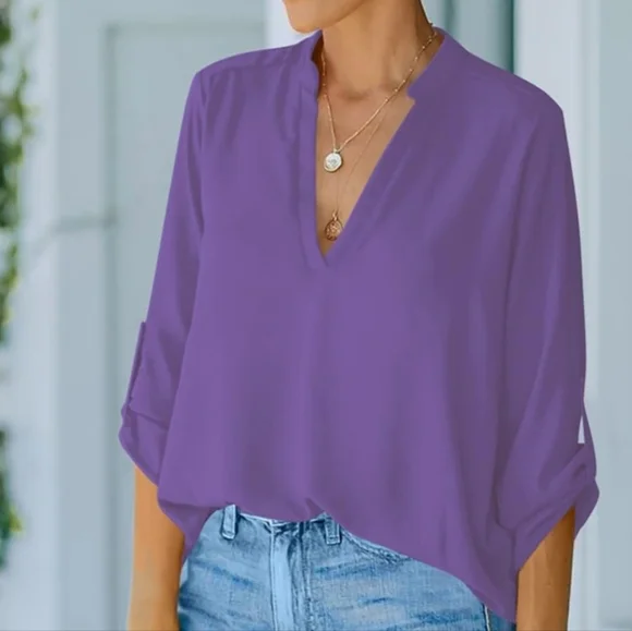 Roswear Women's Business Casual V Neck Cuffed Sleeve Blouse - Picture 3 of 4